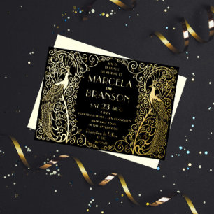 Art Deco Pauw Huwelijk Goud Folie Uitnodiging