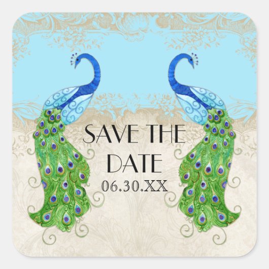 Art Deco Peacock Aqua Blue Save the Date Seal Vierkante Sticker (Voorkant)