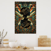 Art Deco Peacock Feather Dancer Gold Teal Poster (Cuisine)