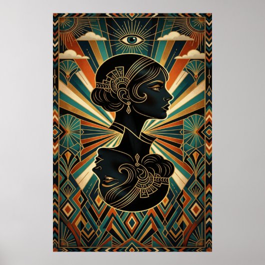 Art Deco Peacock Feather Dancer Gold Teal Poster (Devant)