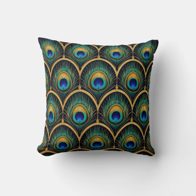 Art Deco Peacock Feather Pattern Throw Pillow Kussen (Voorkant)