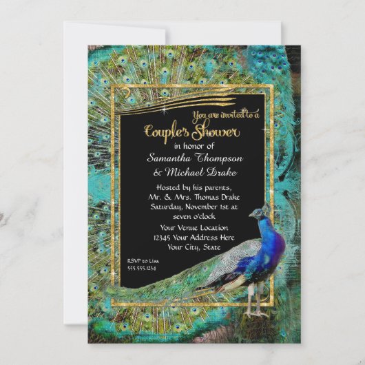 Art Deco Peacock Glam Old Hollywood Couples Shower Kaart (Voorkant)