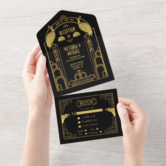 Art Deco Peacock Gold & Black Bruiloft Receptie All In One Uitnodiging (Afscheurbaar)