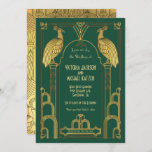 Art Déco Peacock Gold & Black Faire-part de mariag<br><div class="desc">Belle feuille d'or Faux et noir Art Déco Nouveau Roaring 20's invitations de mariage avec des paons sur un arrière - plan vert émeraude foncé. Idéal pour un Grand Gatsby, interdiction, discours ou évènement thématique des années 1920 ! Tout libellé peut être modifié pour répondre à vos besoins. Correspondance de...</div>