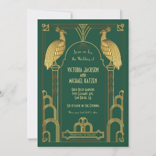 Art Deco Peacock Gold & Black Wedding Invitation Kaart (Voorkant)