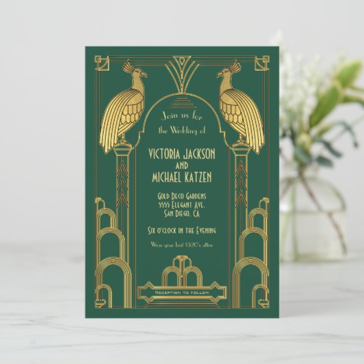 Art Deco Peacock Gold & Black Wedding Invitation Kaart (Staand voorkant)