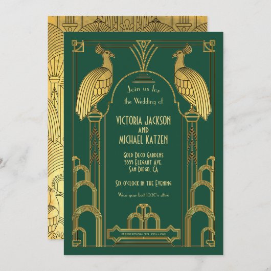 Art Deco Peacock Gold & Black Wedding Invitation Kaart (Voorkant / Achterkant)
