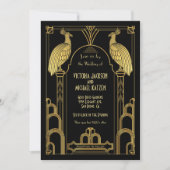 Art Deco Peacock Gold & Black Wedding Invitation Kaart (Voorkant)
