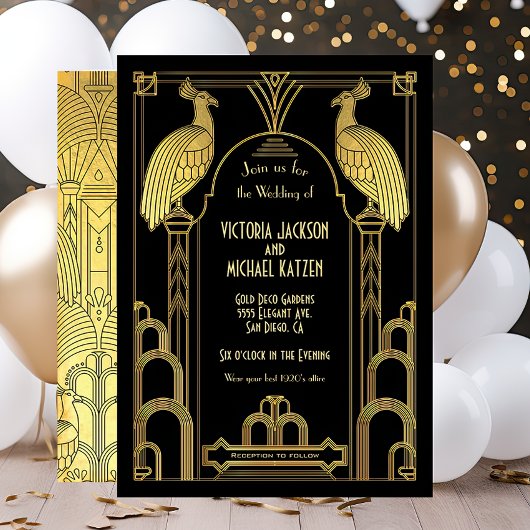 Art Deco Peacock Gold & Black Wedding Invitation Kaart