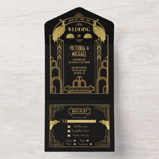 Art Déco Peacock Gold & Black Wedding Invitations (À l'intérieur)