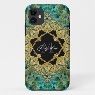 Art Deco Peacock Gold Glitter Old Hollywood Gatsby iPhone 11 Hoesje