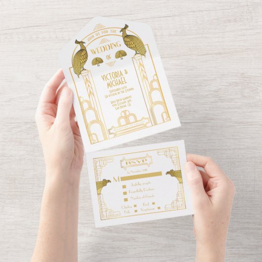 Art Déco Peacock Gold & White Wedding Invitations (Déchirure)