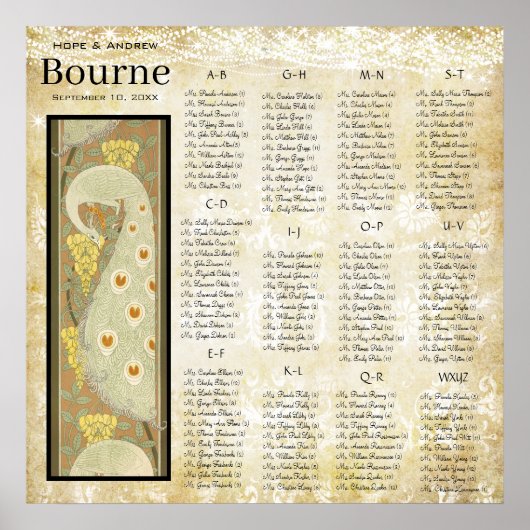 ART DECO Peacock Wedding Seding Chart Poster (Voorkant)
