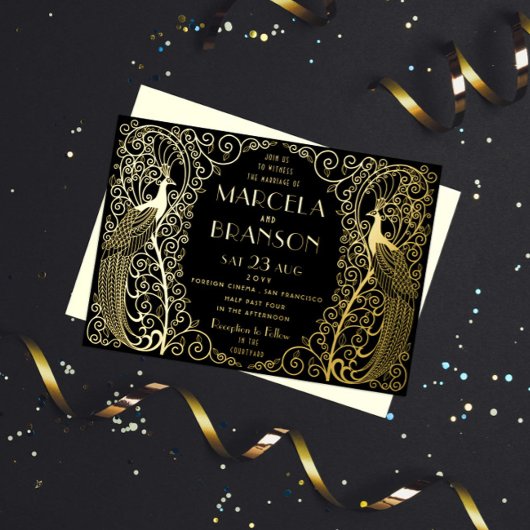 Art Déco Peacocks Mariage Gold Foil Invitation
