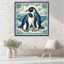 Art Deco Pinguïn Ijs Vogel Koppel Sneeuw Oceaan Bl