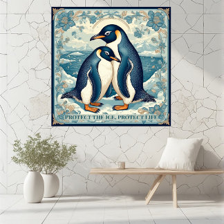 Art Deco Pinguïn Ijs Vogel Koppel Sneeuw Oceaan Bl Foto Afdruk