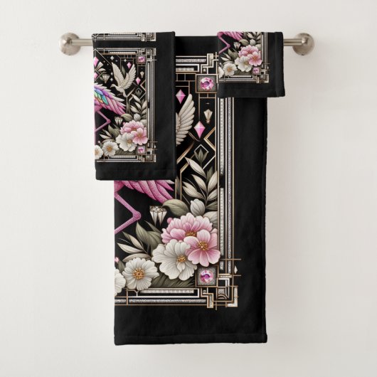 Art Deco Pink and Rainbow Flamingo Bad Handdoek (Insitu)