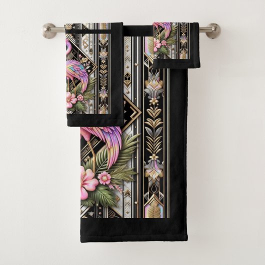 Art Deco Pink and Rainbow Flamingo Bad Handdoek (Insitu)