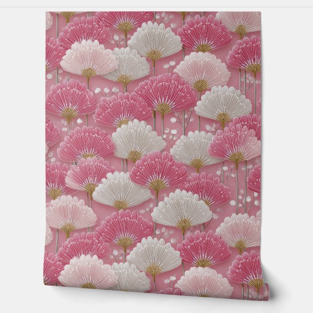 Art Deco Pink and White Flowers Behang (Afrollen)