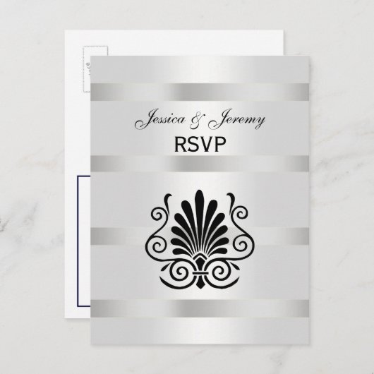 Art Deco Plume Black White RSVP 1 Uitnodiging Briefkaart (Voorkant / Achterkant)