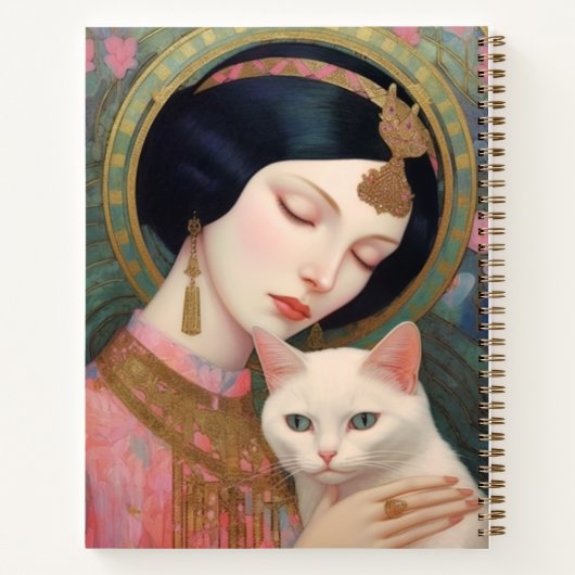 Art Deco Portret van Lady en White Cat Notitieboek (Achterkant)