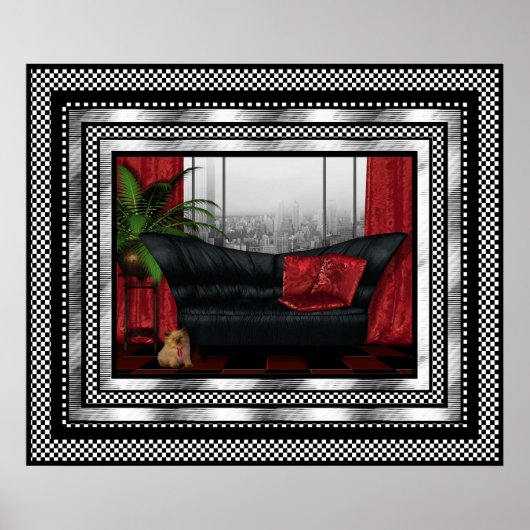  Art Deco Poster Silver Red Black Sofa Cat (Voorkant)