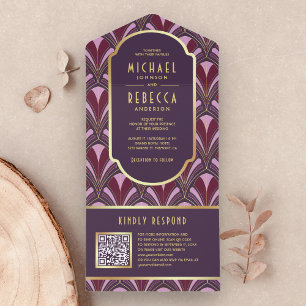 Art Deco QR Code Trouwkaart Paars Goud Aubergine All In One Uitnodiging