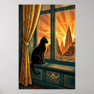 Art Deco raamdorpel starende kat muur kunst Poster