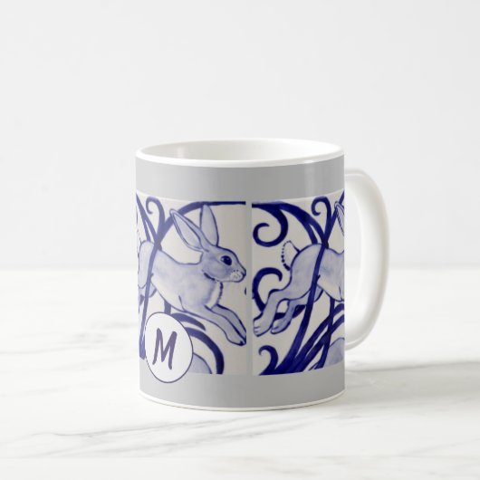 Art Deco Rabbit Hare Blue White Gray Monogram Koffiemok (Voorkant rechts)