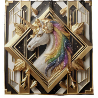 Art Deco Rainbow Faux Glitter Unicorn Douchegordijn