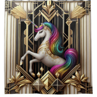 Art Deco Rainbow Faux Glitter Unicorn Douchegordijn