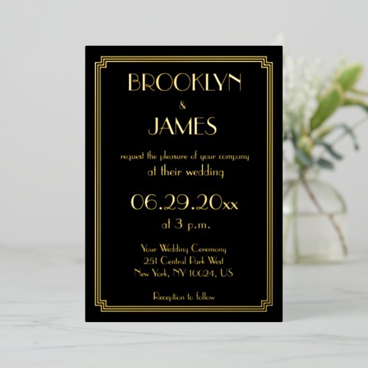 Art Déco Real Gold Foil Mariage Invitations (Debout devant)