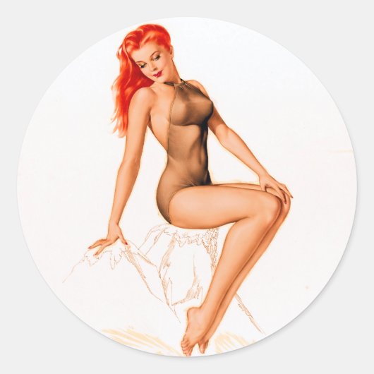 Art Deco Redhead Up Ronde Sticker (Voorkant)