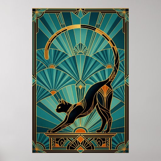 Art Deco Rekkende Zwarte Kat Wandschildering Poster (Voorkant)