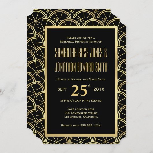Art Deco-repetitie - binnenuitnodiging zwart & gou Kaart (Voorkant / Achterkant)