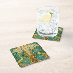 Art Deco Retro Goud Turquoise Trompet Bloem Vierkante Kartonnen Onderzetter