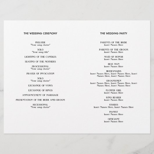 Art déco rétro Hollywood programme de mariage blan (Dos)