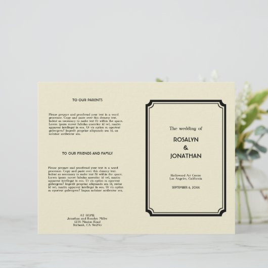 Art déco rétro Hollywood programme de mariage glam (Debout devant)