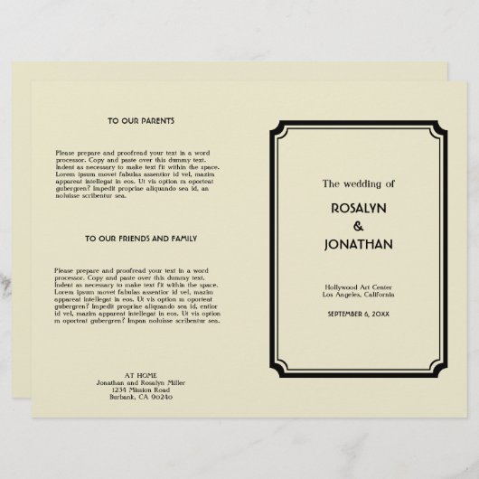 Art déco rétro Hollywood programme de mariage glam (Devant / Derrière)