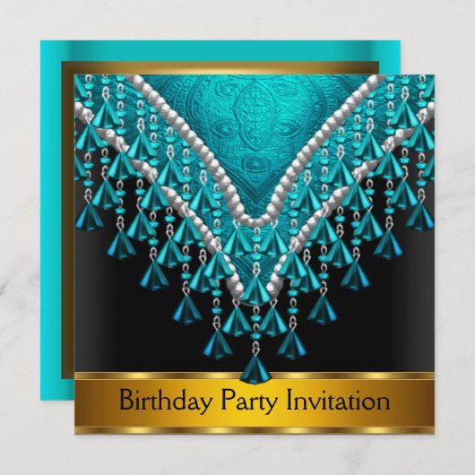 Art Déco Retro Invitation fête d'anniversaire Turq (Devant / Derrière)