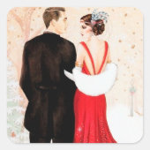 Art Deco retro koppel bericht Kerstmis Vierkante Sticker (Voorkant)
