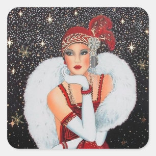 Art deco retro vintage kerst dame sticker