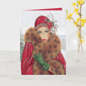 Art Deco Retro vintage kerstdame Kaart (Gele Bloem)