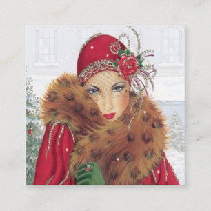 art deco retro vintage kerstdame vierkante visitekaartje