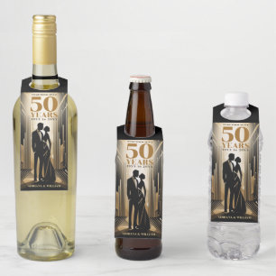 Art Deco Retro Zwart & Goud Bruiloft Jubileum Flessenhanger