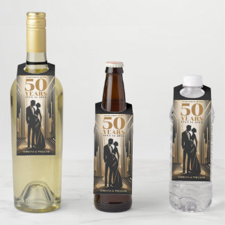 Art Deco Retro Zwart & Goud Bruiloft Jubileum Flessenhanger