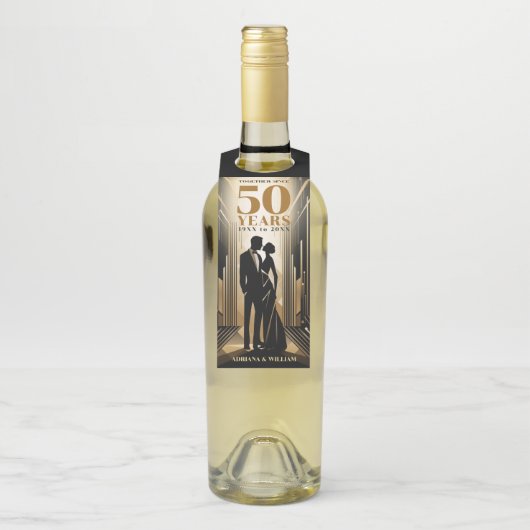 Art Deco Retro Zwart & Goud Bruiloft Jubileum Flessenhanger (Op fles)