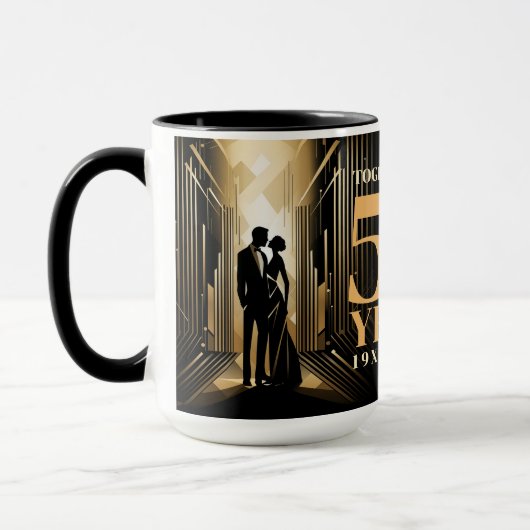 Art Deco Retro Zwart & Goud Bruiloft Jubileum Mok (Links)