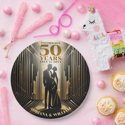 Art Deco Retro Zwart & Goud Bruiloft Jubileum Papieren Bordje (Feest)