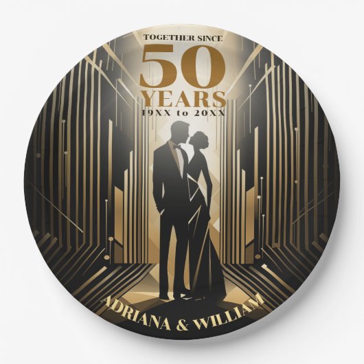 Art Deco Retro Zwart & Goud Bruiloft Jubileum Papieren Bordje (Voorkant)